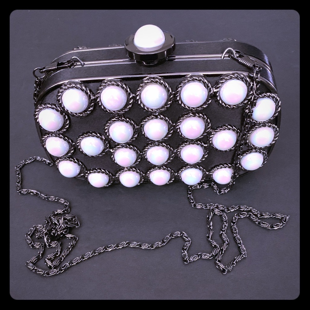 Vintage Black Satin Iridescent Pearls Clutch Elegant Heavy